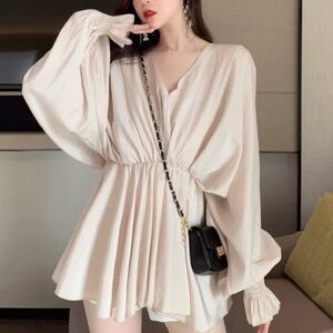 3 for $12 Long puff bishop Sleeve v neck blouse ruffled pleated shirt top dress